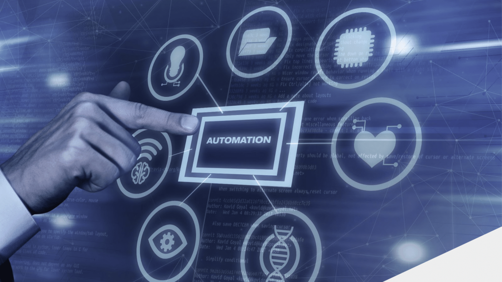 Mão apontando para um vetor com a palavra “Automation”, rodeada por vetores com ícones digitais.